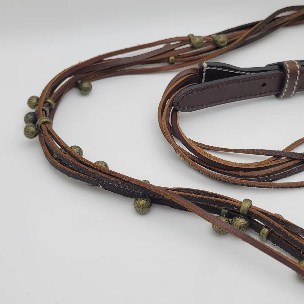 Large J Crew Brown Leather Multi Strand Brass Hardware Western Rodeo Belt - Picture 4 of 5